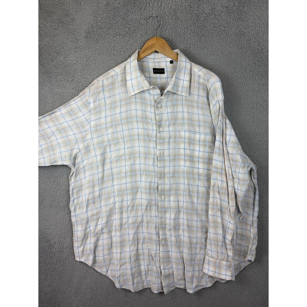 Rochester Shirt Mens 2XB Big Beige Blue Plaid 100% Linen Long Sleeve Button Mens